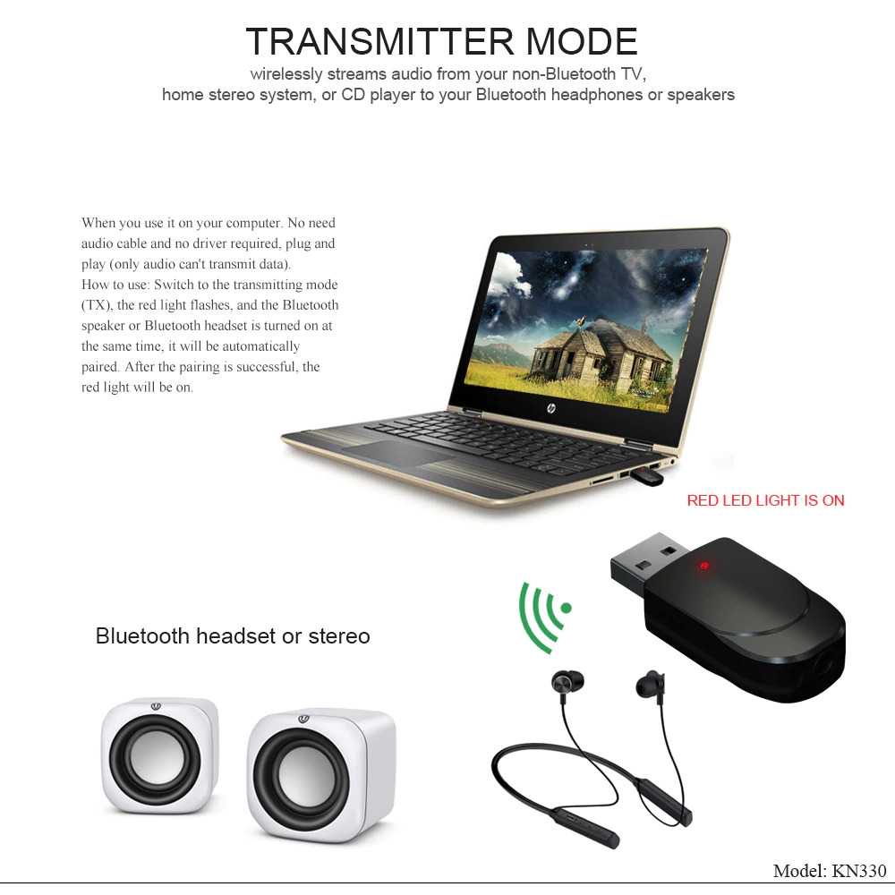 Bluetooth USB 5.0 Audio Transmitter &amp; Receiver 2 in 1 - Bluetooth musik KN330
