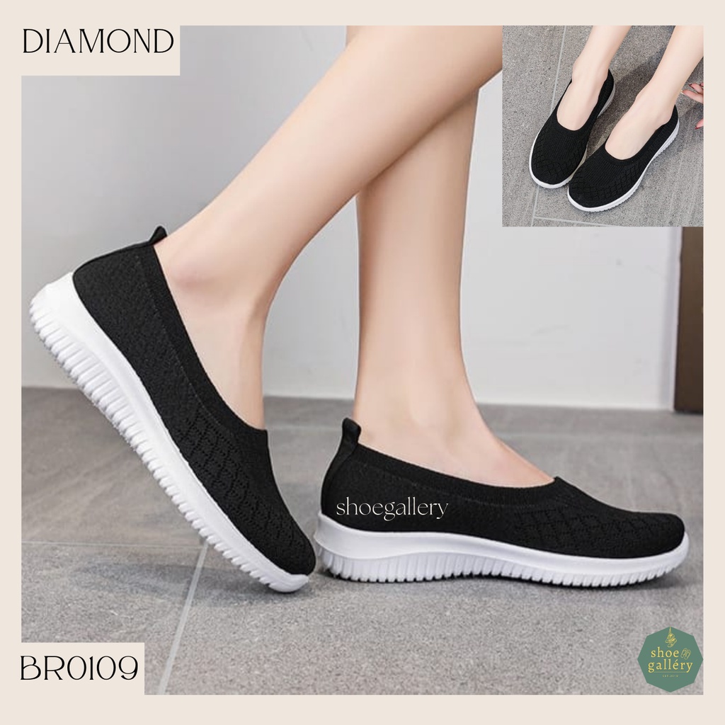 SHOEGALLERY LV0109 Sepatu Slop Tanpa Tali Motif Diamond Import