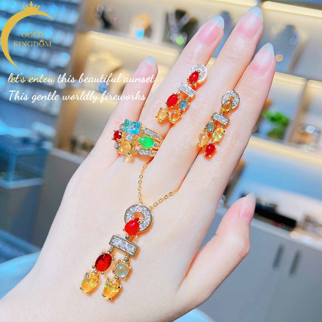 Goldkingdom Fashion Perhiasan Emas Asli Kadar 375 Bangkok Aksesoris Ready Stock Berlapis Emas Abad Pertengahan Perancis Vintage Anting Berkilat Persegi Permen Kalung Tapal Kuda Gema Pelangi Cincin