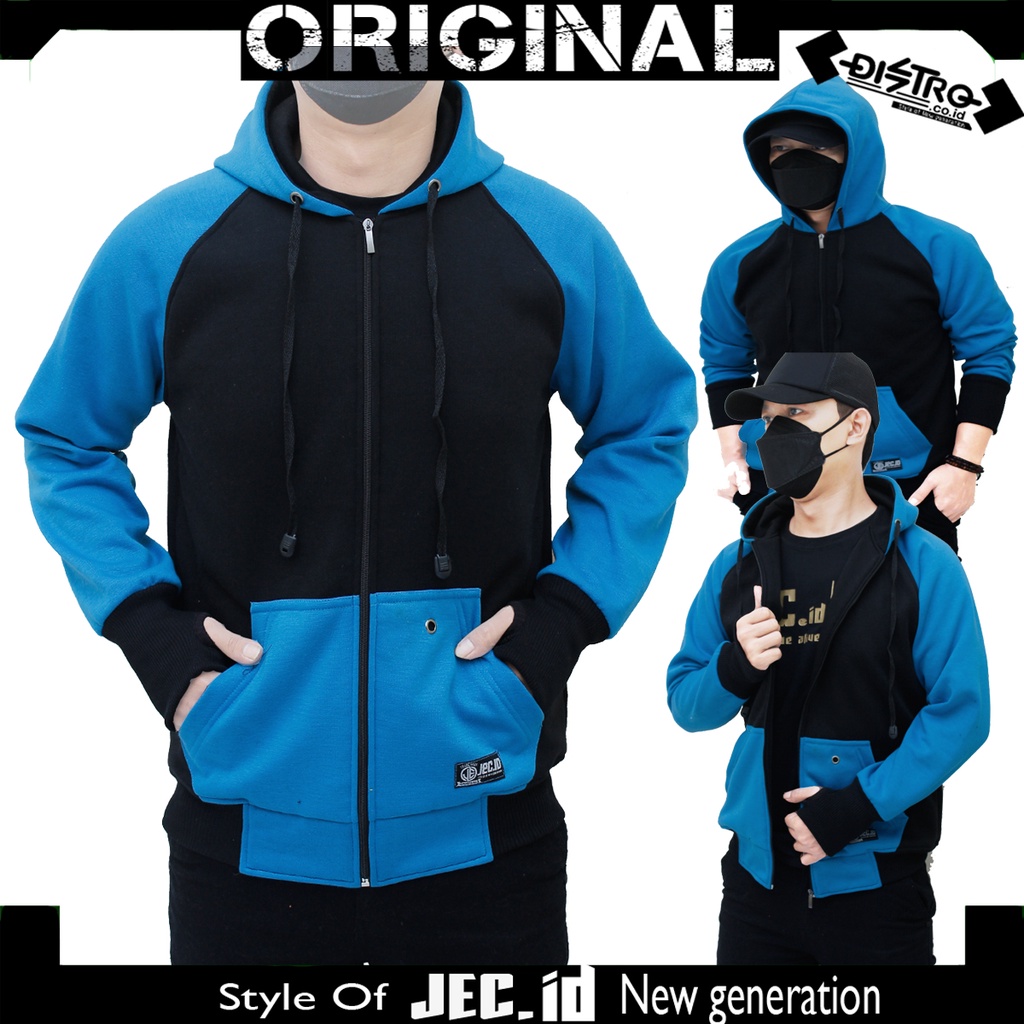 Jaket Sweater Hoodie Reglan Roundhand Premium Hitam Mix Turkis