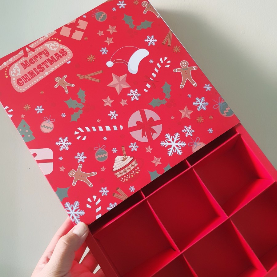 

( 5pcs ) Box Nastar Sekat 9 Motif Merry Christmas Merah Kotak Eggtart Pie Bingkisan Snack Parcel Natal