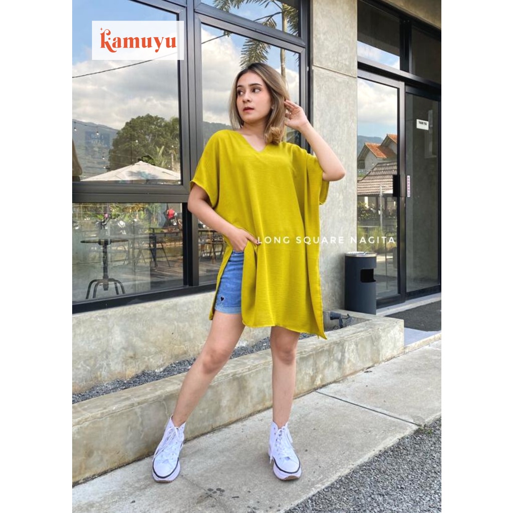 KAMUYU - NAGITA LONG SQUARE AIRFLOW CRINKLE BLOUSE ATASAN BIG SIZE WANITA OVERSIZED TOP CEWEK KASUAL Bisa COD