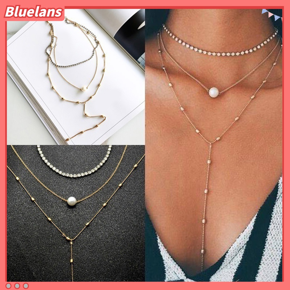 Kalung Choker Rantai Multilayer Hias Mutiara Berlian Imitasi Untuk Wanita