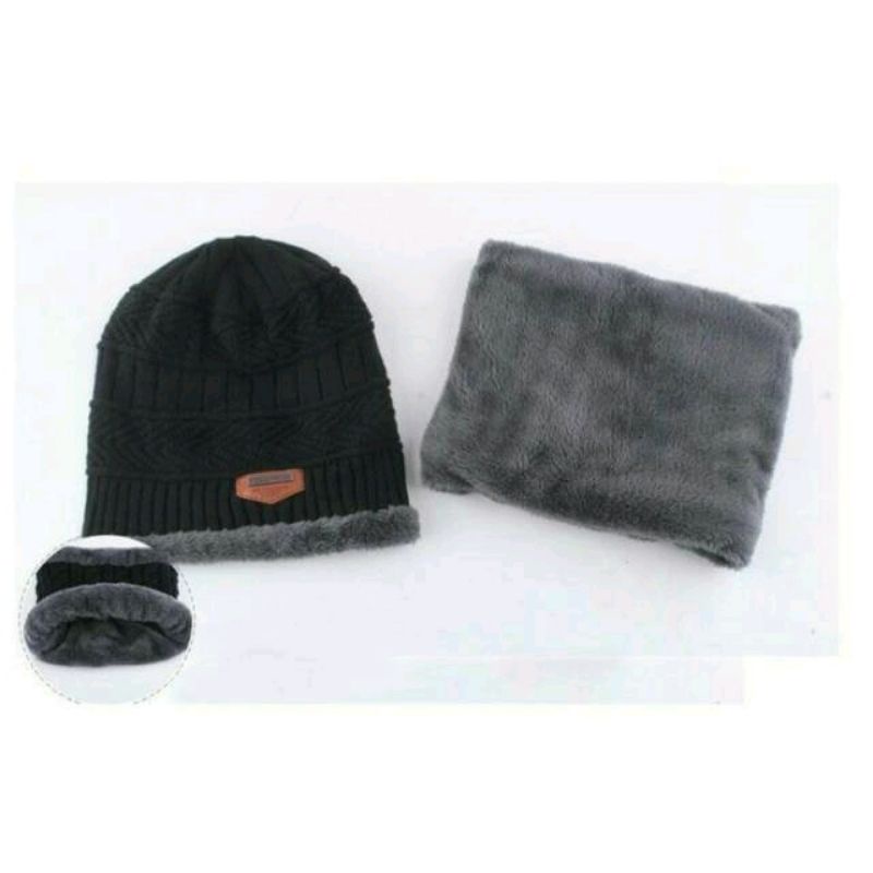 Kupluk topi  beanie wool winter hat plus scarf premium import song ting