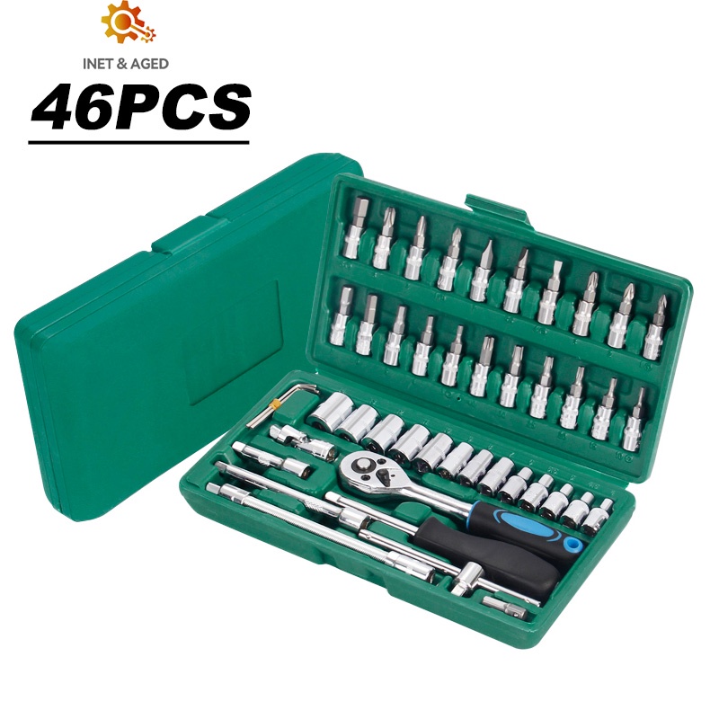 INT Kunci SOK 46 PC Set Socket (1/4 &quot;)  Full Lengkap Socket Tool Kit Pas Ring L Motor Mobil