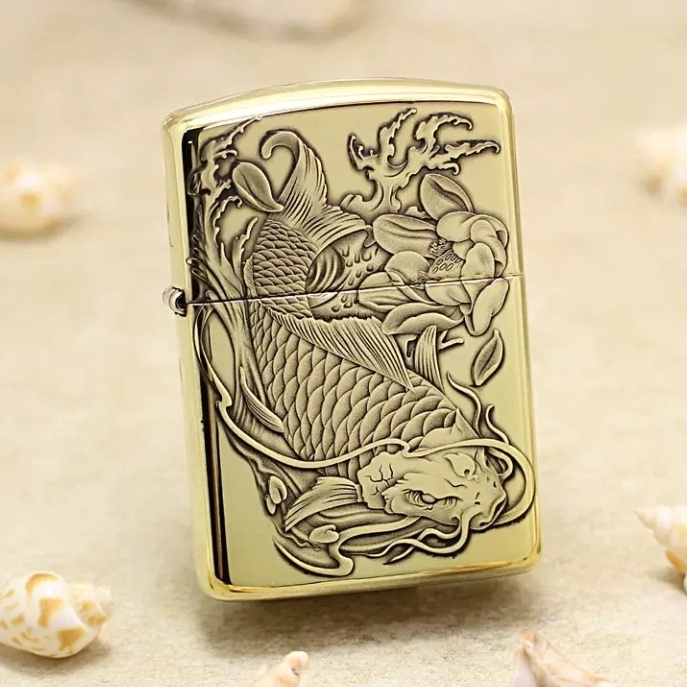 Korek Api Zippo Gold Full Grafir Motif Ikan Koi Made In USA