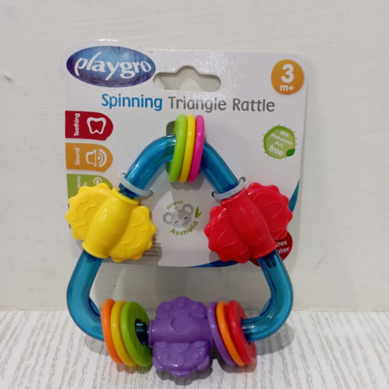 ori original asli playgro play gro spinning triangle rattle teether bby babies toy toys mainan gigit gigi bayi tumbuh hadiah kado ultah cewek cowok laki perempuan gift present full month muaguek segitiga montessori sound latihan motorik
