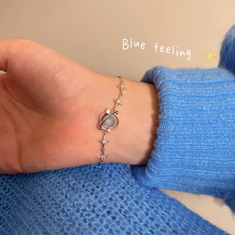 Roselife Korea Moonstone Sparkling Star Blue Planet Bracelet Untuk Wanita Gadis Bersinar Langit Berbintang Semesta Gelang Perhiasan Hadiah Untuk Pacar Teman