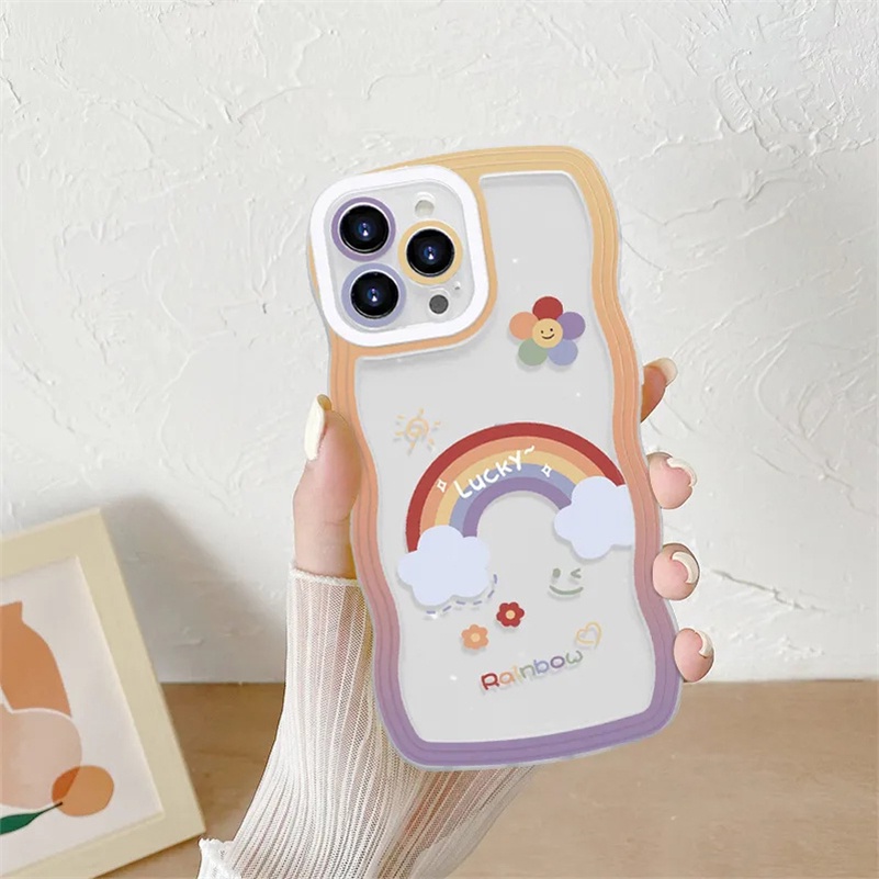 Soft Case TPU Transparan Pinggiran Gelombang Pelangi Cover iPhone 14 13 12 11 Pro Max X Xr Xs Max 8 7 6 6s Plus