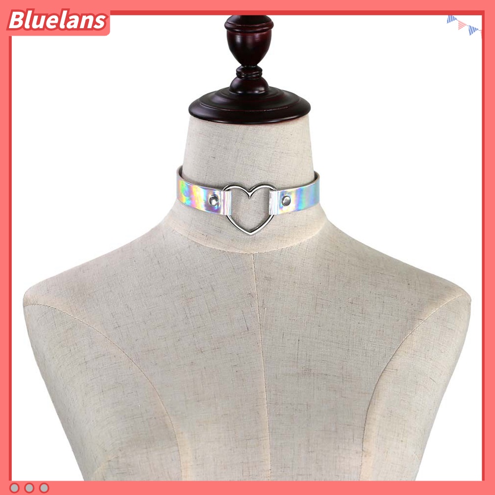 Bluelans Kalung Choker Bahan Kulit Imitasi Aksen Hati Logam Model Terbuka Holografik Untuk Wanita