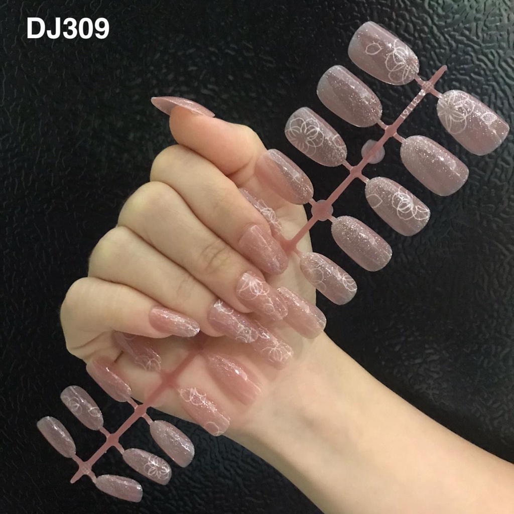 24Pcs Kuku Palsu Murah Motif DJ309 / Fake Nails Motif Gliter Glossy Nude / Nail Art Kuku Palsu