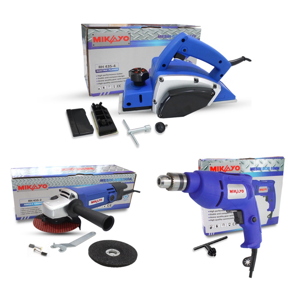 PAKET TUKANG KAYU HEMAT!!MIKAYO Serut Kayu Planer Ketam Sugu Pasah MK2900&amp;MIKAYO Mesin Gerinda Tangan 4 inch Angle Grinder&amp;MIKAYO Mesin Bor Tangan Listrik Bolak Balik 10mm GARANSI RESMI termurah