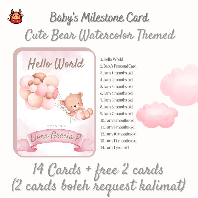 Baby Milestone Card Cute baby girl &amp; boy / Cute Bear watercolor themed Kartu selfie bayi kartu foto bayi milestone