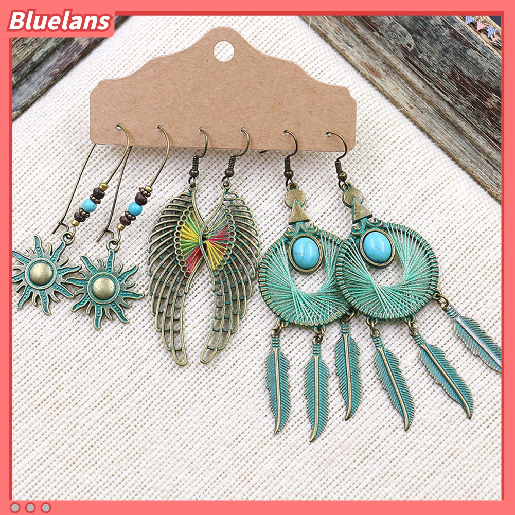Bluelans 3 Pasang / Set Anting Kait Gantung Desain Geometri Bulat + Rumbai Gaya Vintage Untuk Wanita