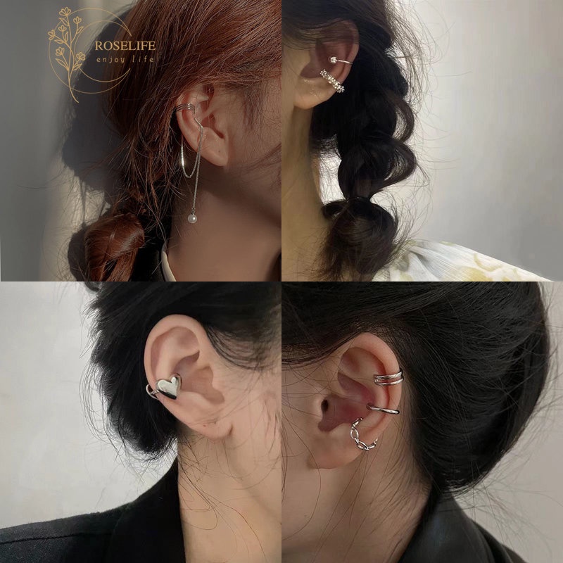 Roselife 3PCs / Set Anting Klip / Jepit Tanpa Tindik Desain Geometri Asimetris Warna Silver Untuk Wanita