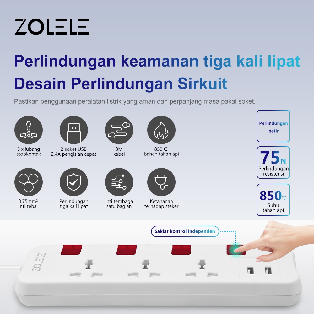 ZOLELE Stop Kontak Kabel Smart Colokan Listrik 3 Lubang Stopkontak 2 USB Port Power Strip 3M Soket Pengaman Lubang Saklar Timer Powerstrip ZK101