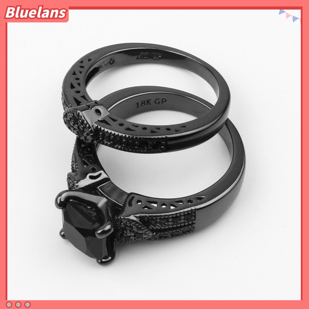 Bluelans 2Pcs Women Men Luxury Black Cubic Zircon Inlaid Finger Ring Jewelry Gift