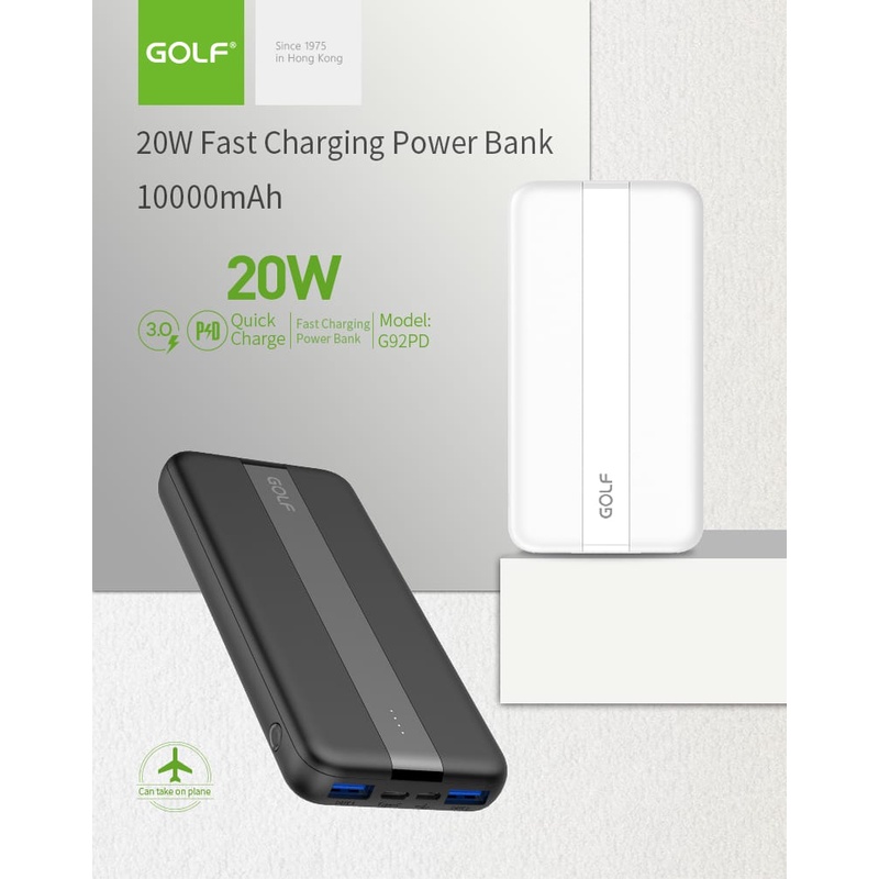 POWER BANK G92 PD + QC 10.000mah 20w Quick Charge Warna : Black and White - 2USB Output + TypeC output PD+ QC -- 2input micro &amp; type C Fast Charge.