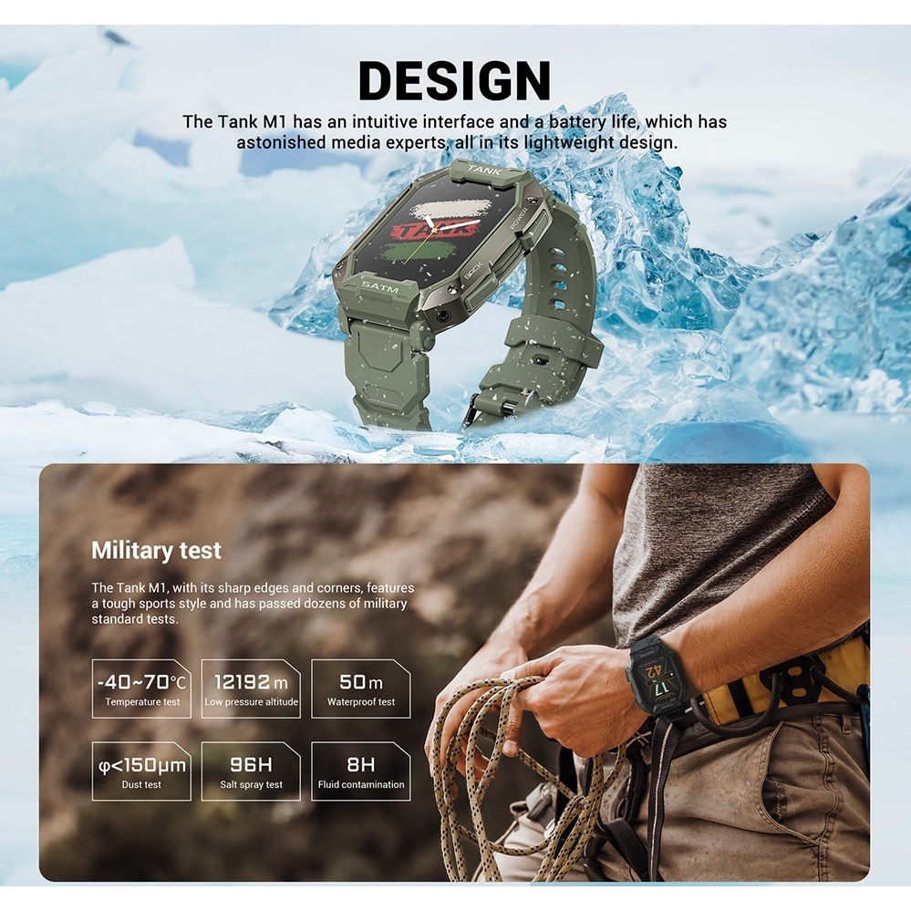 KOSPET TANK M1 - Outdoor 5ATM Sporty Smartwatch 1.72-inch IPS Display - Jam Tangan Pintar Outdoor Tahan Air Tahan Banting Layar IPS 1.72-inci Lengkap Dengan Heart Rate Sensor