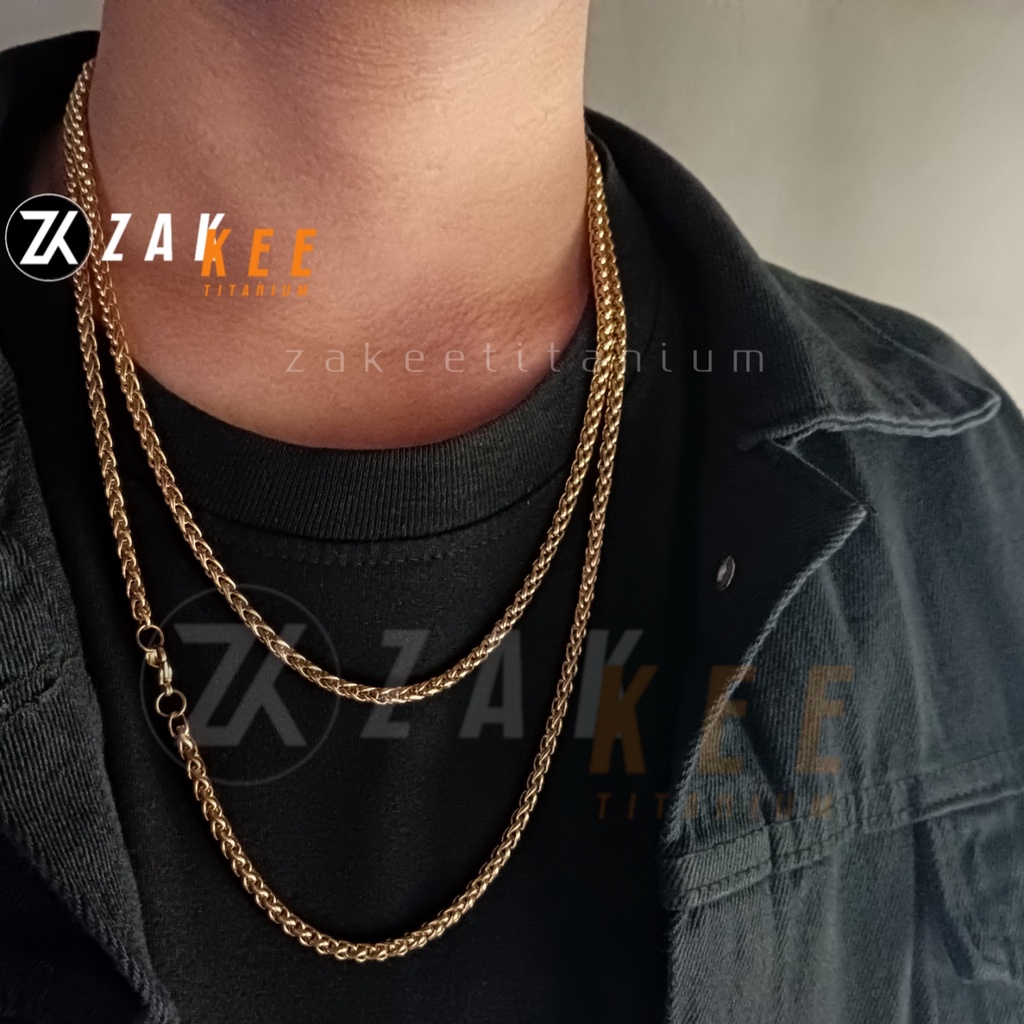 Kalung Pria Wanita Titanium Anti Karat Rantai Emas Gold Cowok Cewek Keren Rante Kepang Panjang 50cm dan 60cm