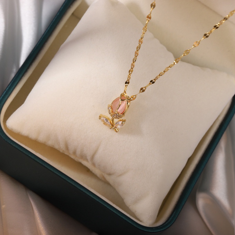 Fancyqube Kalung Opal Zircon Bentuk Tulip Gaya Korea Untuk Wanita