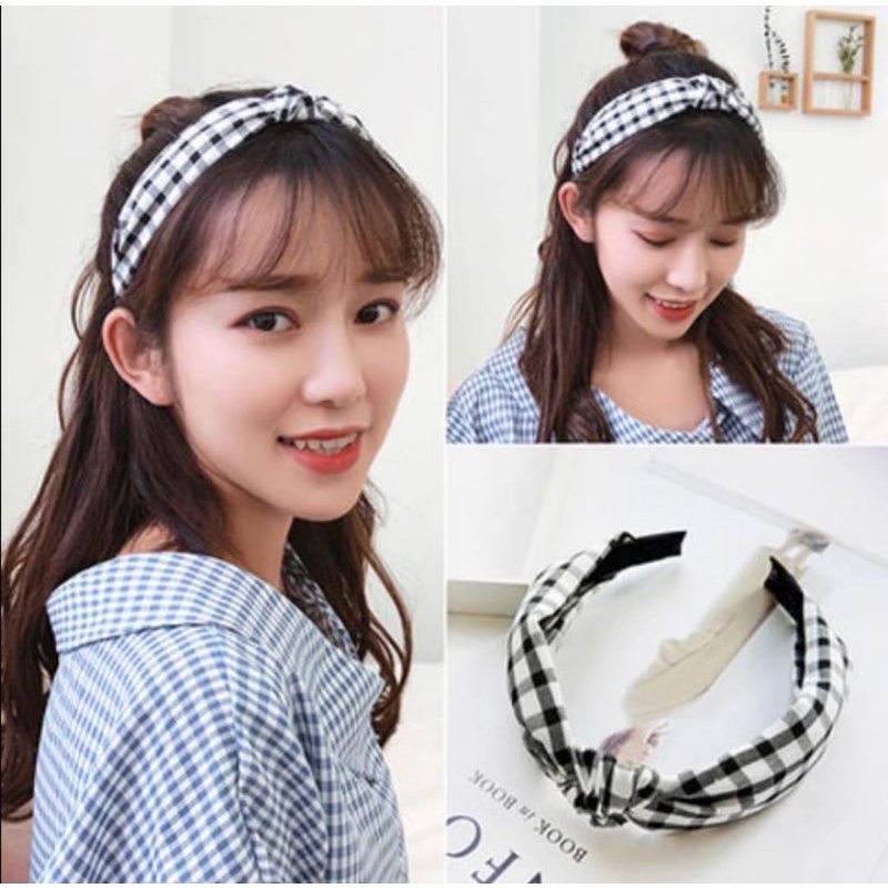 Bando Bandana Wanita Korean Style Motif Kotak Stripe Flanel Aksesoris Rambut Wanita Bando Wanita Import Flanel Cross Headband