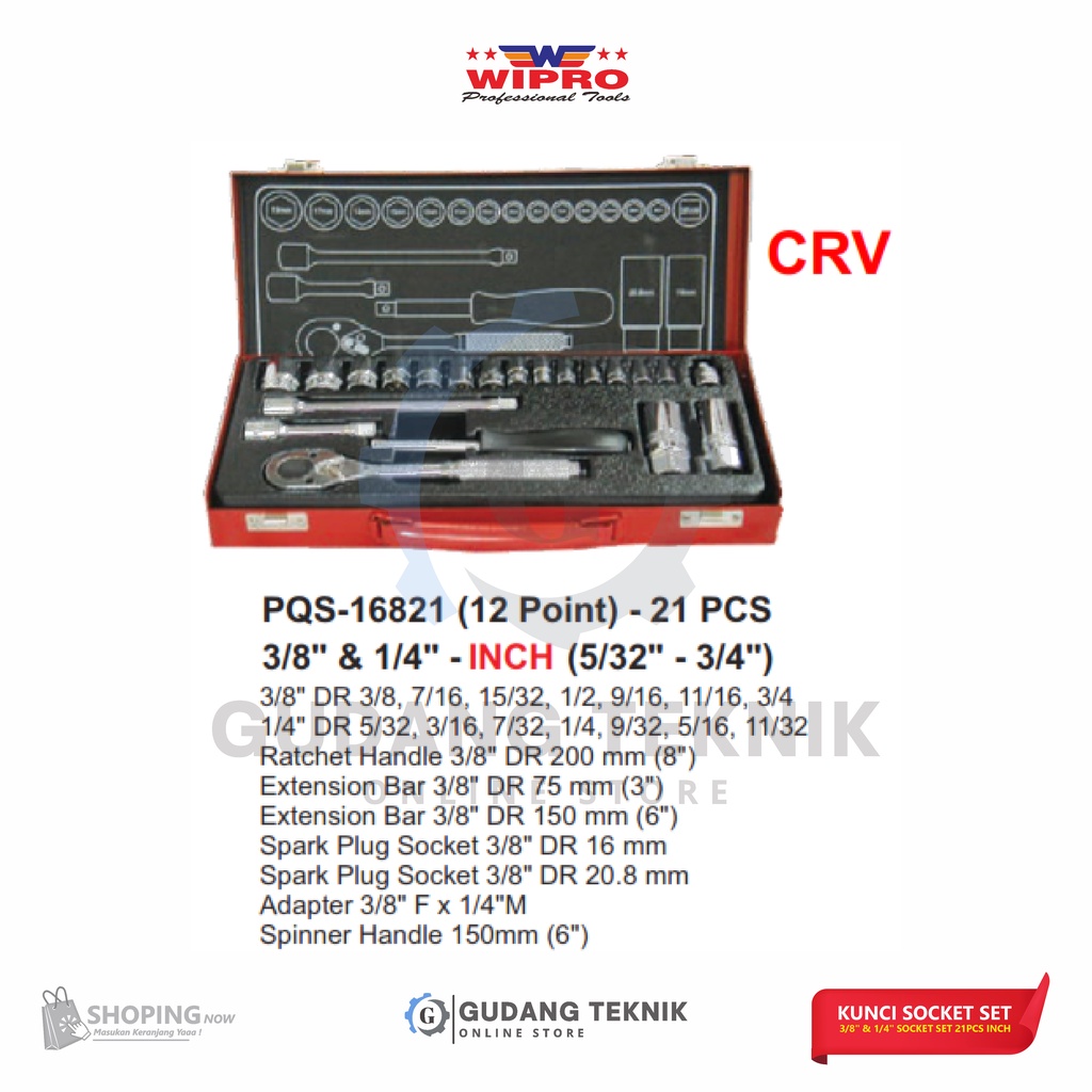 Kunci Sock Set 3/8&quot; 1/4&quot; 21 Pcs INCH WIPRO PQS 12PT / Kunci Sok Sock Sock WIPRO PQS 12PT - Socket SET Wrench WIPRO PQS 12PT