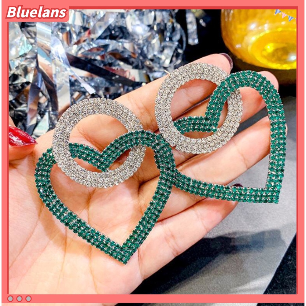 Anting Stud Berlian Imitasi Bentuk Hati Bulat Menjuntai Untuk Wanita