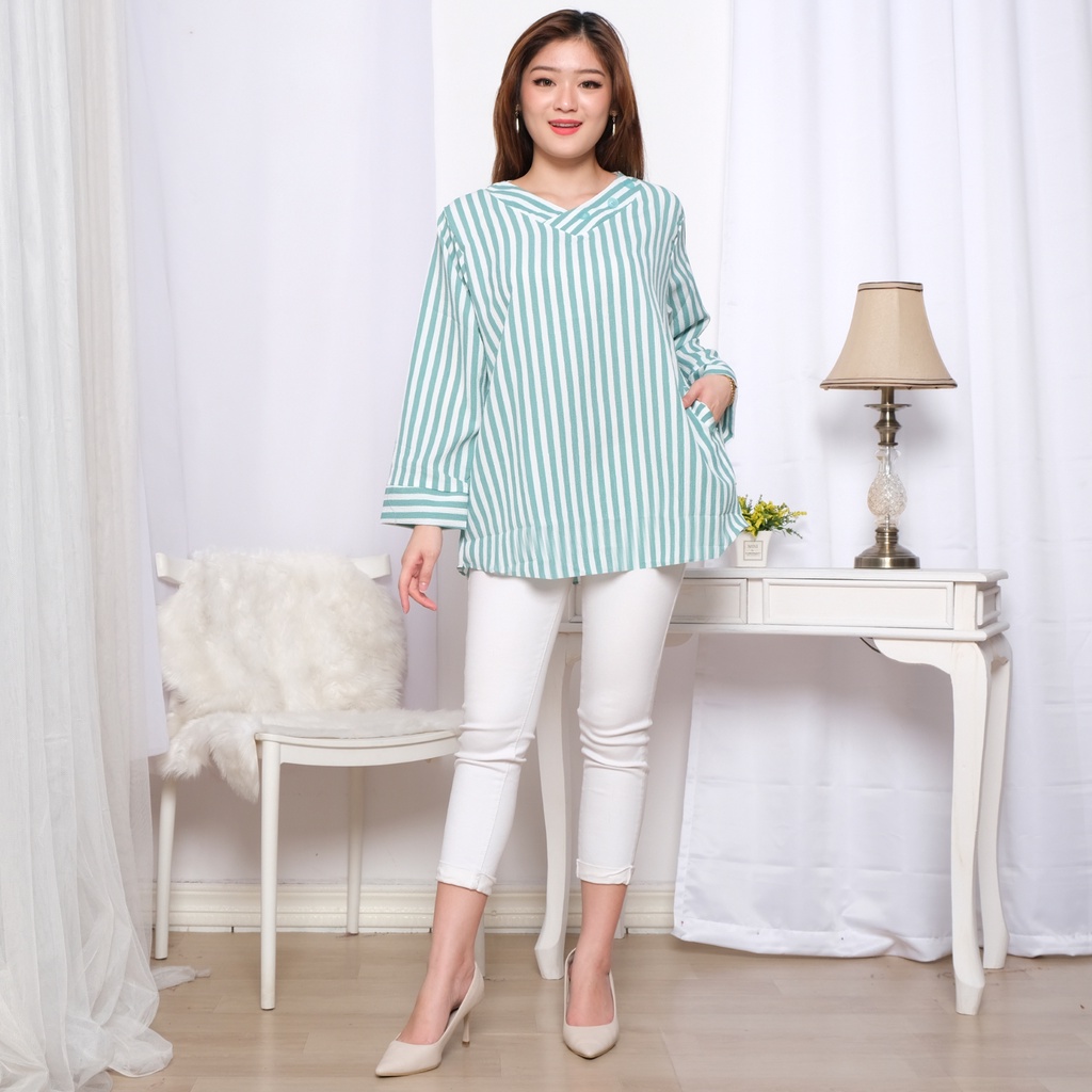 Clachella Baju Atasan Wanita Crincle Motif Salur, Blus B96B8513