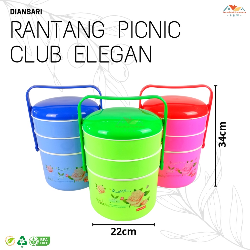Rantang Picnic Club Elegant Diansari / Rantang Plastik Susun 3 / Tempat Penyimpanan Makanan