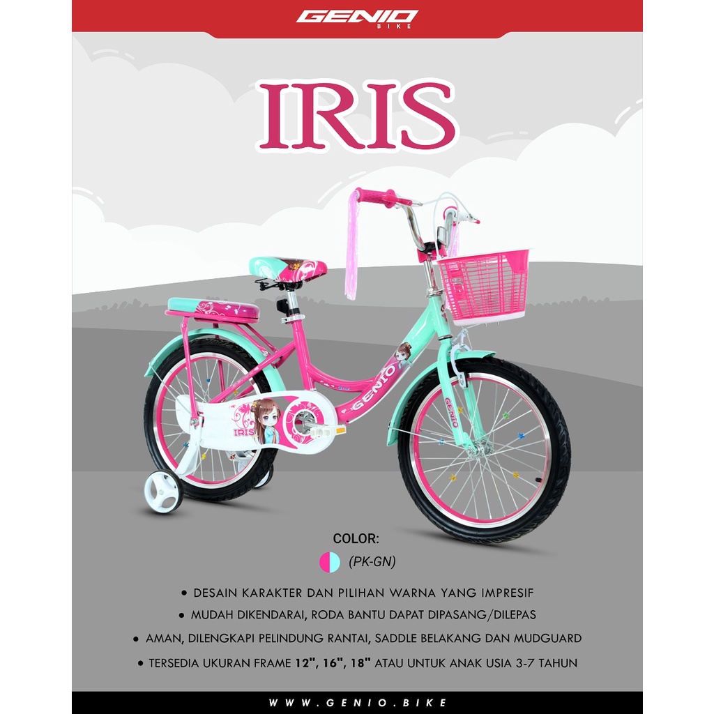 Sepeda Anak Cewek Mini Genio Iris 12 16 inch Keranjang Boncengan SNI-Pink Green