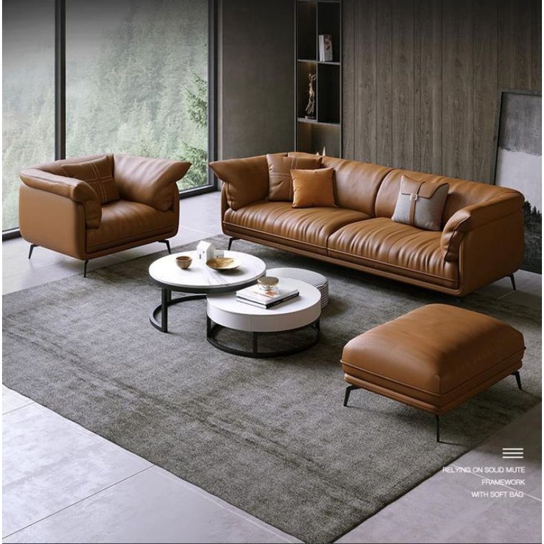 Sofa Kulit Mewah Sofa Kulit 21 Seater Fullseat Meja + Puff Sofa Tamu Kayu Jati