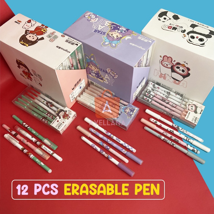 

12 PCS Erasable Pen 0.5mm 1 Lusin Pulpen Bisa Dihapus Model Karakter Kartun