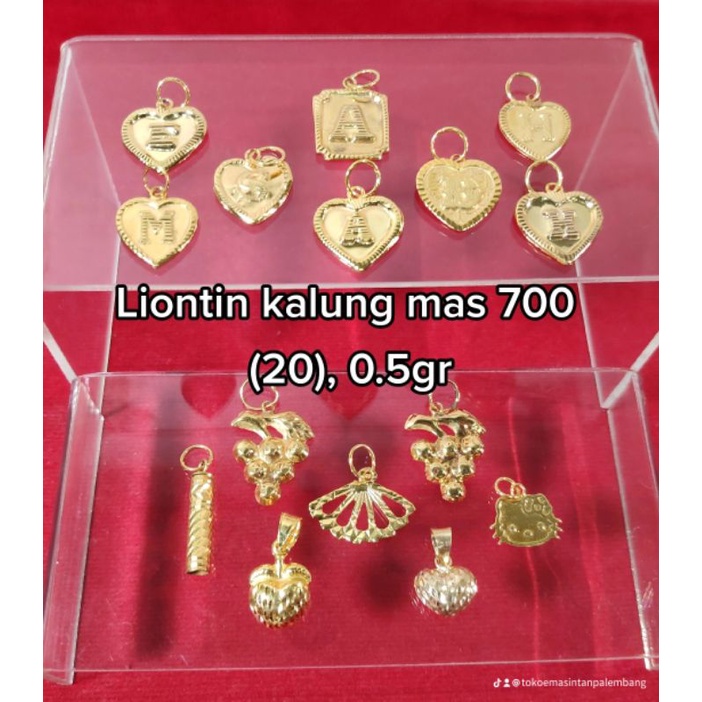 Liontin kalung 0.5gr variasi, huruf, Bambu, kipas karakter, nama, anggur, hello kitty& love, emas 70