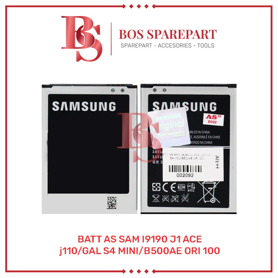 BATTERY AS SAMSUNG I9190 / J1 ACE / j110/GALAXY S4 MINI/B500AE ORI 100 / BATERAI / BATRE