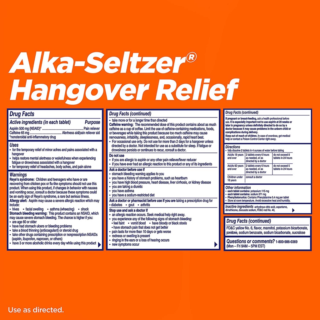 Alka Seltzer Hangover Fast Relief Headaches Body Fatigue Orange Fizz