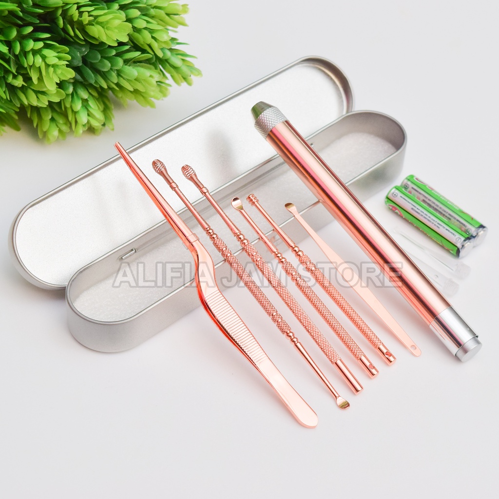 Korek Kuping LED | Pembersih Telinga Senter Stainless Set 7 Pcs Anti Karat Untuk Anak dan Dewasa | Alat Pembersih Kotoran Telinga