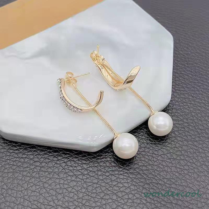 Fashion Sederhana Temperamen Elegan Berlian Mutiara  Wanita Anting Rumbai Panjang-Won