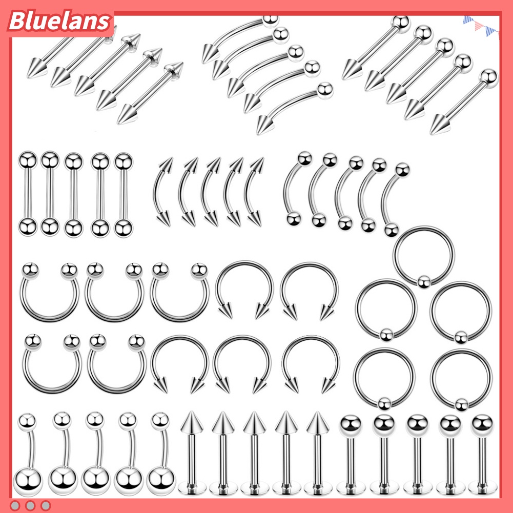 60pcs / Set Cincin Tindik Bibir Alis Kuku Hidung Bahan Stainless Steel Untuk Unisex