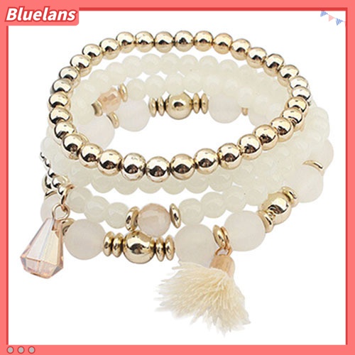 4pcs / Set Gelang Manik-Manik Resin Multilayer Aksen Rumbai Gaya Etnik Untuk Wanita