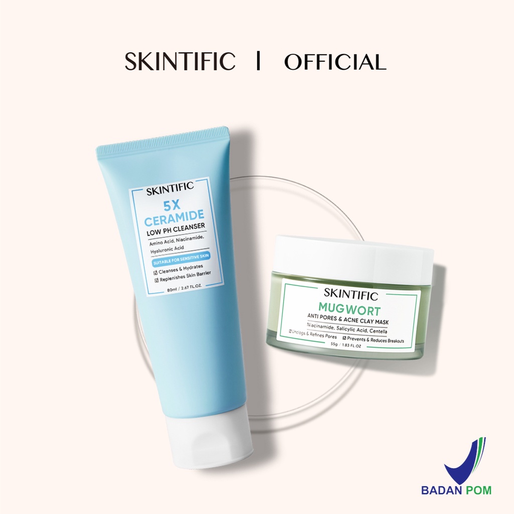 SKINTIFIC - Mugwort Anti Pores &amp; Acne Clay Mask Pore Clarifying Wask Off Pack 55G Masker Wajah &amp; 5X Ceramide Low Ph Cleanser Gentle Cleanser For Sensitive Skin 80Ml Sabun Cuci Muka Pembersih Pencuci Muka【BPOM】