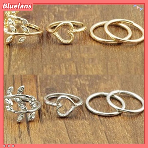 4 PCS Perhiasan/Set Cincin Jari Model Bertumpuk Bentuk Daun Hati Bahan Berlian Imitasi