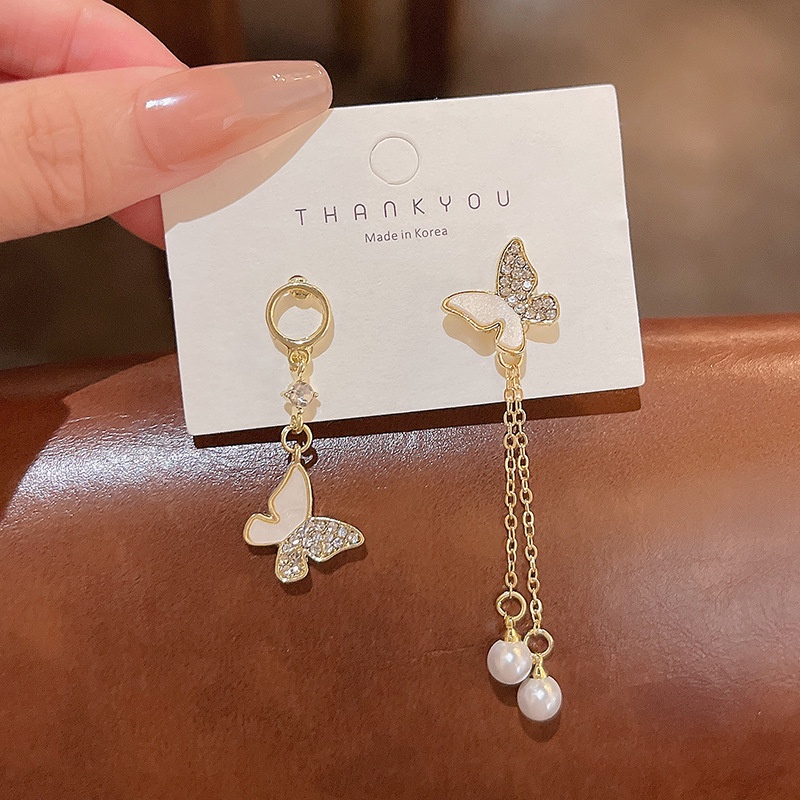 Anting Tusuk Gantung Asimetris Bahan Sterling silver 925 Desain Kupu-Kupu + Berlian Imitasi Untuk Wanita