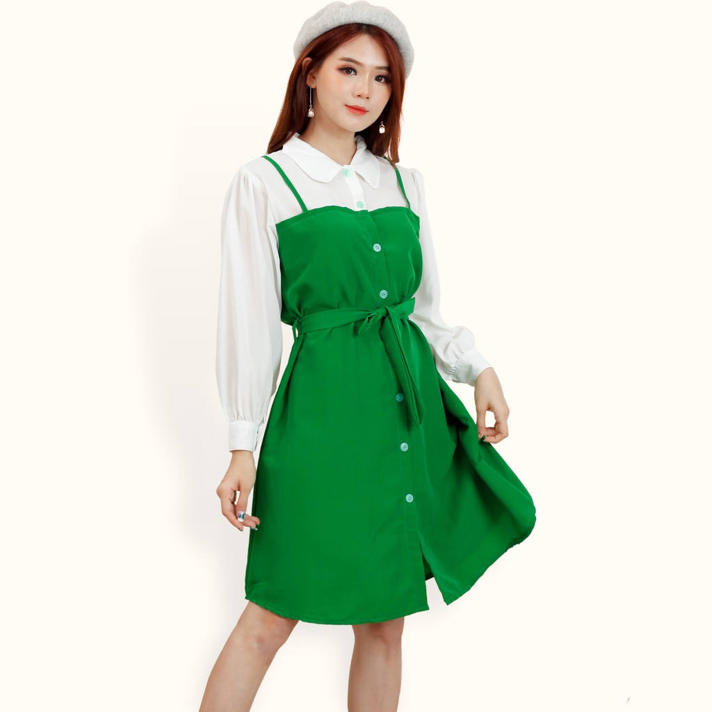 Midi Dress tunik Lengan panjang wanita gaya korea kombinasi warna - XSHOP Kenisha LS