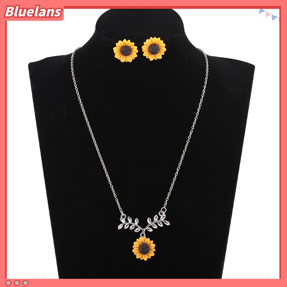 Bluelans Cute Sunflower Leaves Pendant Ear Studs Earrings Necklace Women Jewelry Set Gift