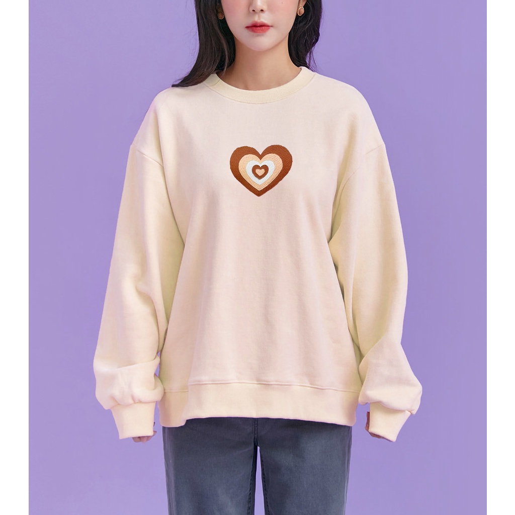 Sweater Wanita Heart Beat - Bordir - Cute Korean Style Crewneck Sweatshirt Lucu - Baju Wanita - Bahan Fleece - Allsize - Sweater Love Sign Terlaris