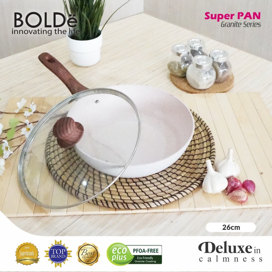 Bolde Super Pan Fry Wok Granite 26 cm Wajan Penggorengan Tutup Kaca