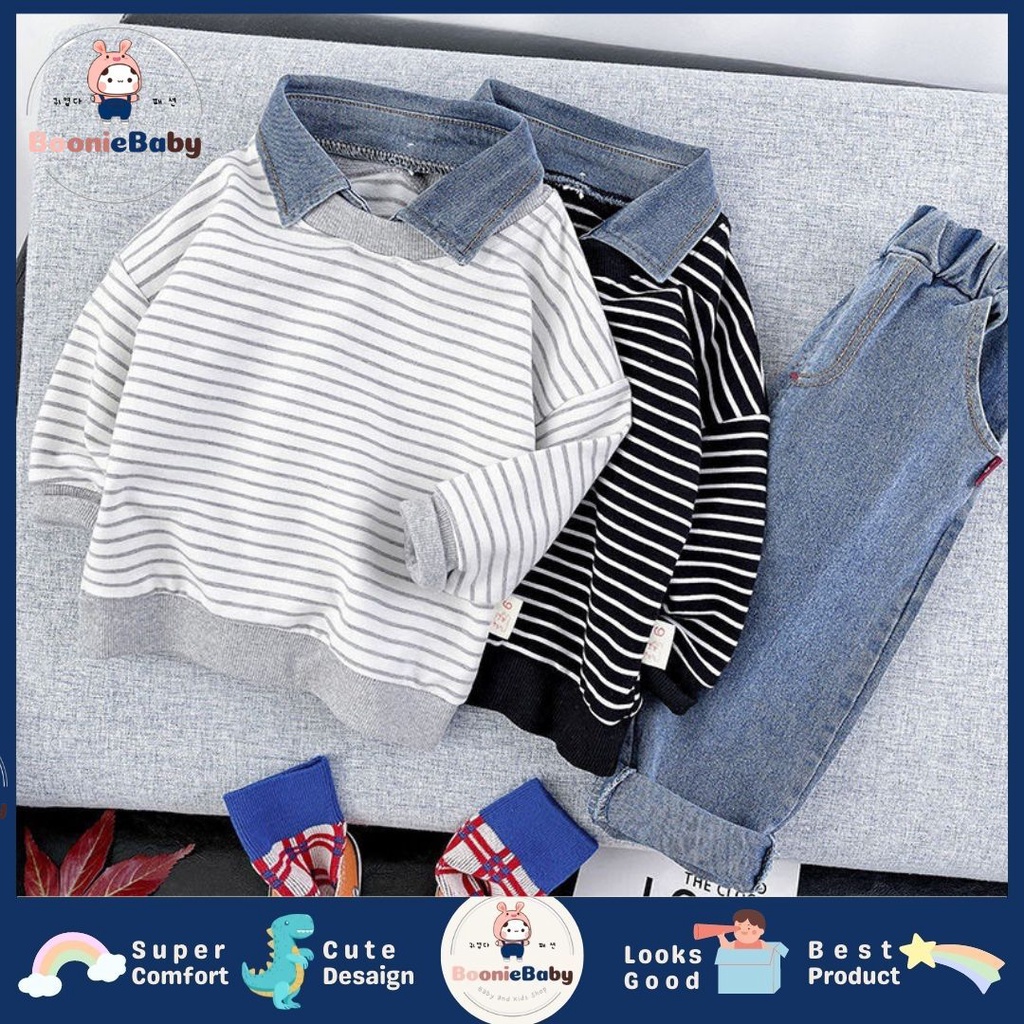 boonie COD setelan anak laki laki import setelan 3pcs kaos motif garis kemeja celana panjang anak laki laki fashion import by korea setelan baju cowok import baju kids pria fashion JEANS EDWARD