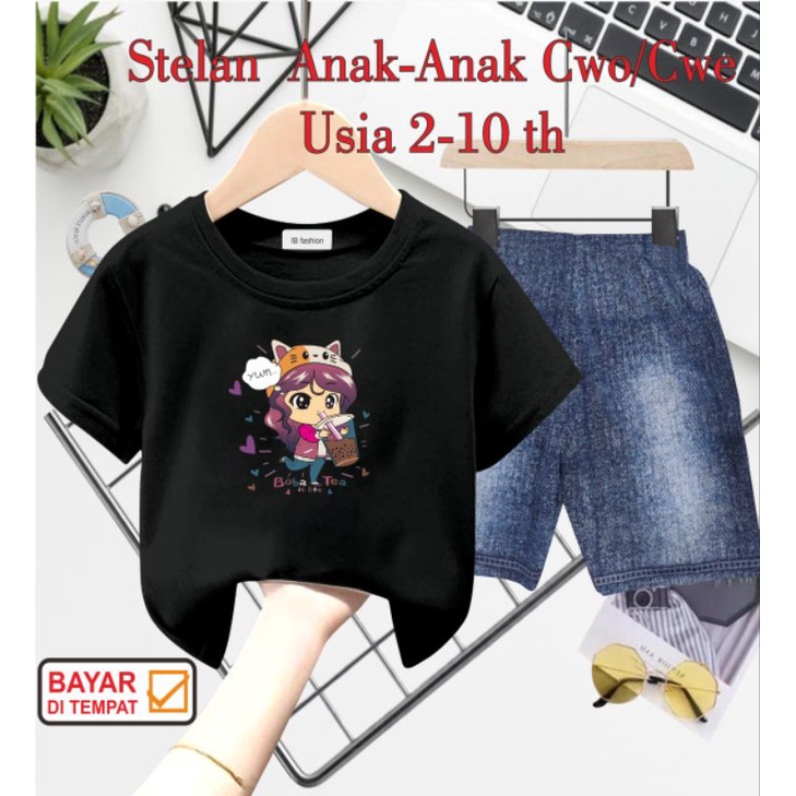 ((IB))SETELAN ANAK PEREMPUAN SEMI JEANS/CEWEK BOBA POP ICE DIGITAL SABLON
