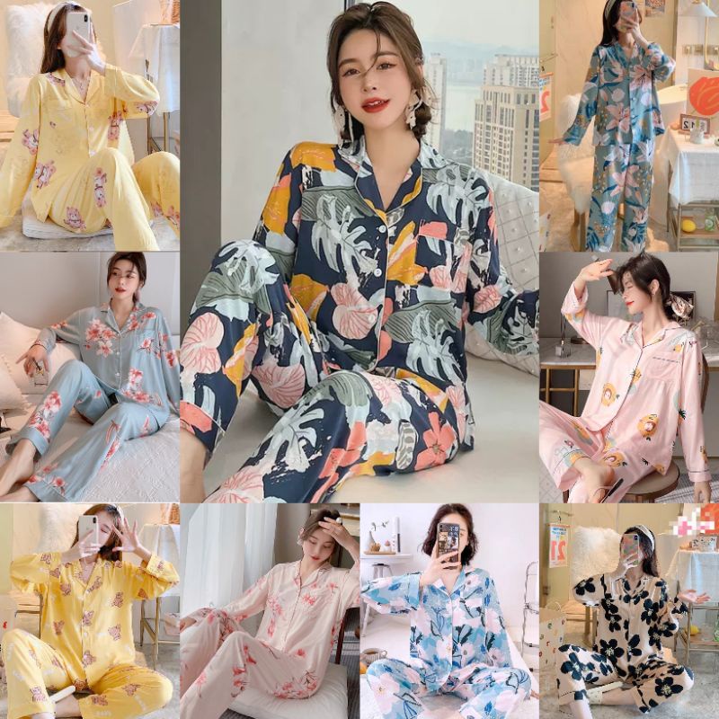 Set Piyama rayon lengan penjang / Baju tidur wanita import Rayon pp kancing